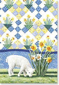 SHEEP GRAZING BY DAFFODILS AND QUILT