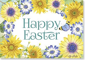 HAPPY EASTER WITH BLUE, YELLOW AND WHITE FLOWER BORDER