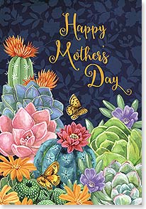 A cluster of cacti and succulents below the words 'Happy Mother's Day'