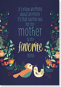 Two cartoon birds sit on a dark blue background beneath some text and illustrated florals
