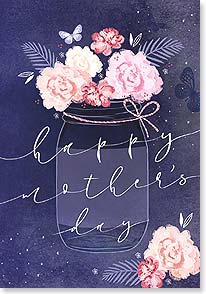 The words 'Happy Mothers Day' appear in a cursive font over a mason jar full of flowers