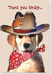 LAB PUPPY DRESSED AS COWBOY WITH TONGUE STICKING OUT