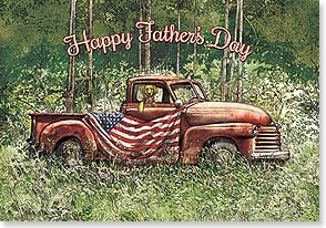RED PICK-UP TRUCK, DOG, AMERICAN FLAG