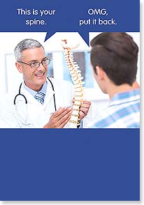 DOCTOR WITH PATIENT HOLDS FAKE SPINE