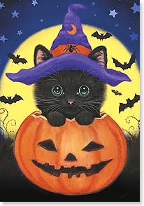 Black kitten wearing witch's hat popping out of jack o' lantern with moon and bats in background