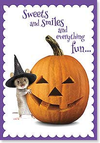 Mouse wearing witch's hat standing next to jack o' lantern