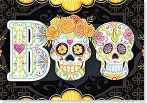 Sugar skulls spell out the o's in BOO