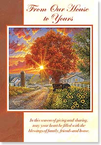Farmhouse with sun setting behind golden tree