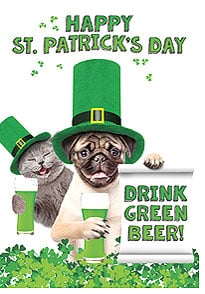 Dog and cat with leprechaun hats holding green beer