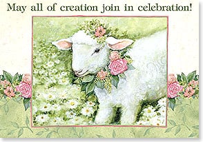 a lamb wearing a pink floral wreath