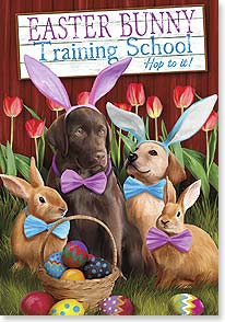 two bunnies and two dogs wearing bunny ears in front of a sign saying easter bunny training school