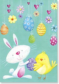 a bunny and a chick hanging up easter egg shaped decorations 