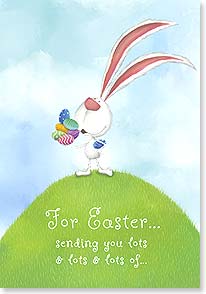 an easter bunny standing on top of a grassy hill holding easter eggs