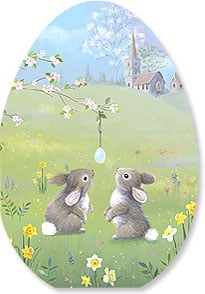 two bunny rabbits looking up at an easter egg hung from a tree branch