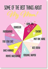 a pie chart in the shape of a heart detailing all the things a mom is known for