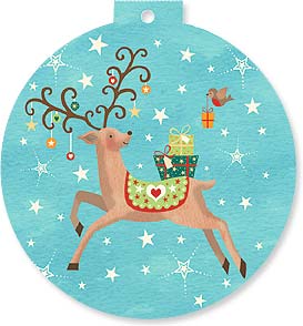 Reindeer with packages and a bird and starry background