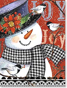 Snowman wearing top hat with poinsettia