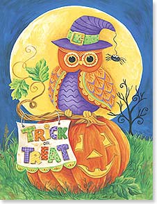 Owl wearing witch's hat, perched on jack o' lantern