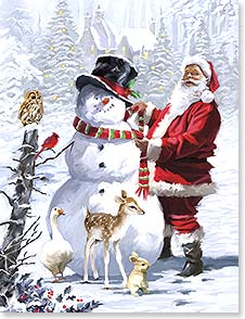 Santa tying scarf on Snowman