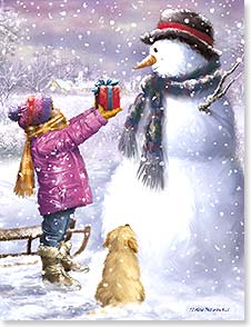 Little kid hands present to a snowman