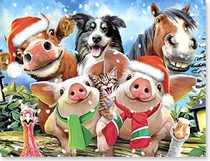 Smiling selfie of cow, dog, horse, pigs, goose, and turkey