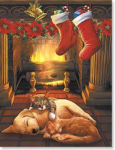 Dog and cats sleeping by blazing fireplace with stockings hung