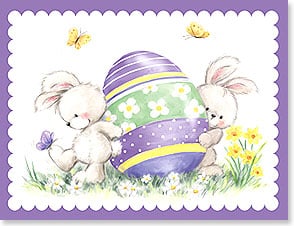 TWO BUNNIES CARRYING EASTER EGG