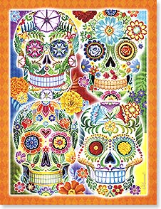 Day of the Dead Skulls Halloween Note Card Set with four brightly colored floral skulls