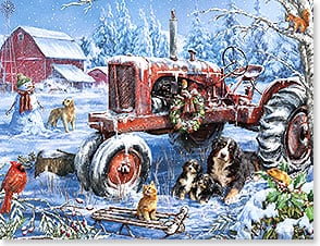 Red Tractor on the Snowy Farm with barn, dogs, and cat