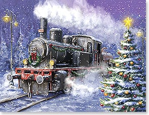 Old steam engine passing a decorated Christmas tree on a snowy night