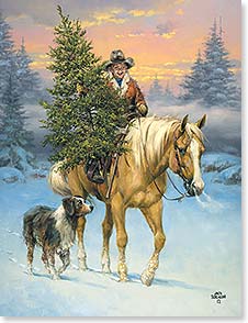 Western young cowboy on horse holding a small Christmas tree and walking with dog 