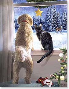 Dog and cat looking out window at snowy forest with deer