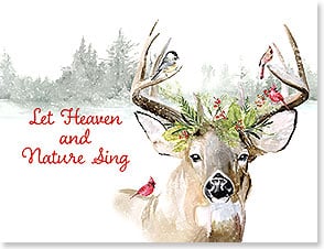 Deer with holly and songbirds on head and antlers 