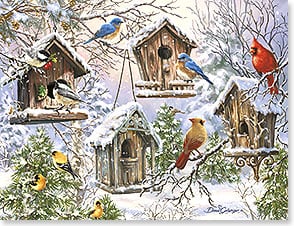 Four bird houses with birds in winter