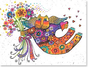 Cat w wings holds flowers and heart