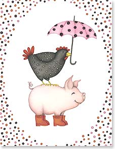 Chicken holding umbrella in its beak standing on back of pig wearing red boots